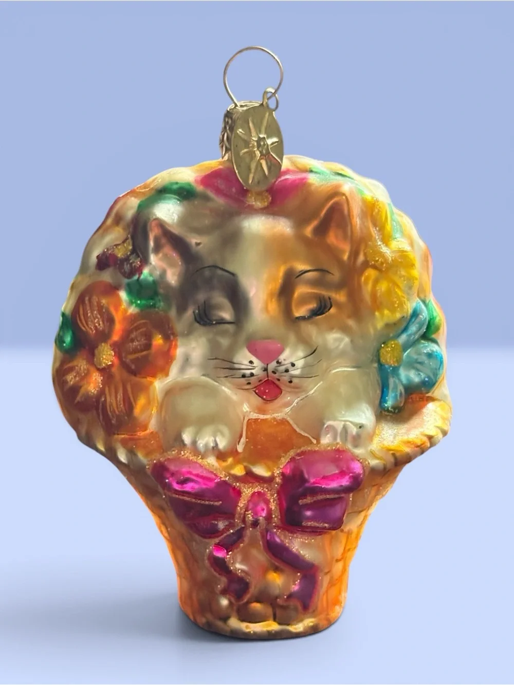 Christopher Radko Glass Ornament Kitty Cat and Flower Basket Retired 2002